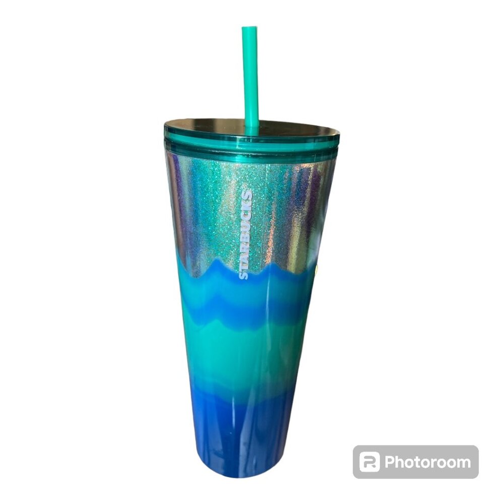 Starbucks Spearmint Green Wave Iridescent Sparkle Tumbler 24 oz. Venti Cup